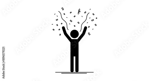 Silhouette of Happy Stick Figure Celebrating with Confetti Falling in Isolated White Background
