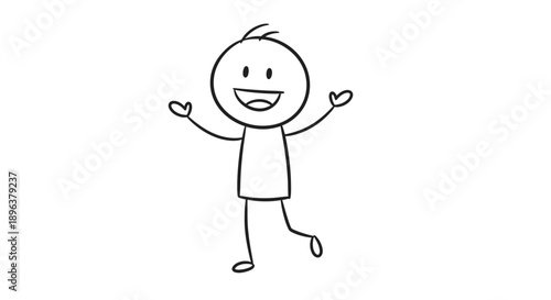 Cheerful Stick Figure with Arms Outstretched and Smiling in Isolated White Background