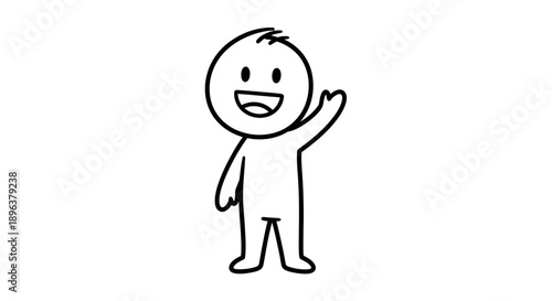 Happy Stick Figure with Broad Smile Waving Hand in Isolated White Background