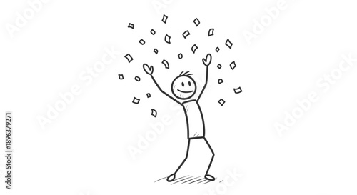Ecstatic Stick Figure Jumping and Celebrating with Confetti Falling in Isolated White Background