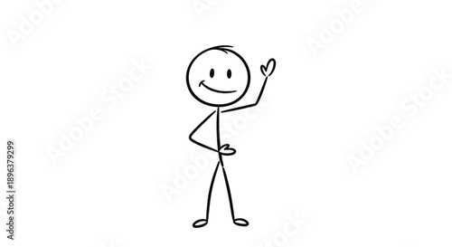 Cheerful Stick Figure Character with a Bright Smile Waving Hand in a Welcoming Gesture on Isolated White Background.
