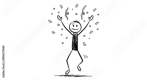 Happy Stick Figure Man Jumping and Celebrating with Heart Confetti Falling on Isolated White Background