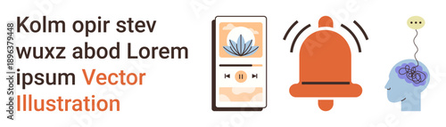 Mindfulness, relaxation, digital alerts, mental health, technology, personal wellness. Smartphone showing meditation app, bell and brain with thoughts. Mindfulness and relaxation concept