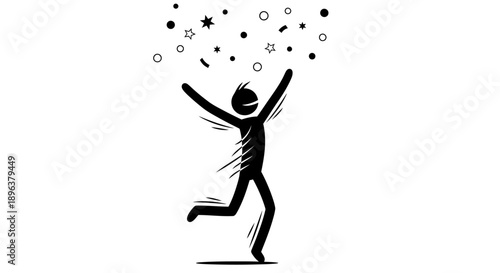Energetic Dark Stick Figure Man Running and Celebrating with Stars Falling on Isolated White Background