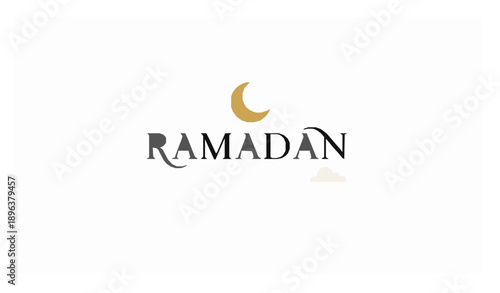 Minimal Ramadan Kareem typography vector with gold crescent moon and cloud elements