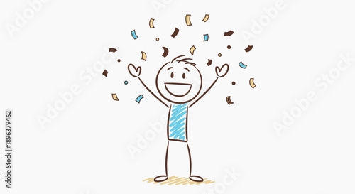 Cheerful Stick Figure Man with Blue Shirt Celebrating with Colorful Confetti Falling on Isolated White Background