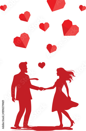 Romantic Couple Silhouette Love Hearts Valentine Relationship Dance Romance Vector Illustration Red