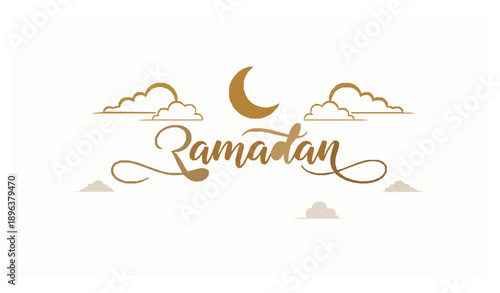 Ramadan Kareem lettering vector design with gold crescent moon and clouds on white background