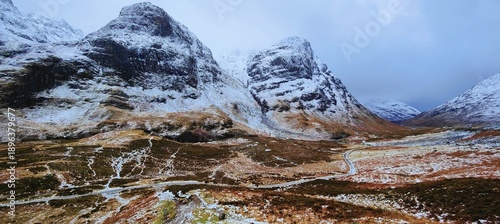 Vászonkép Glencoe valley and snow covered mountains in Scotland
