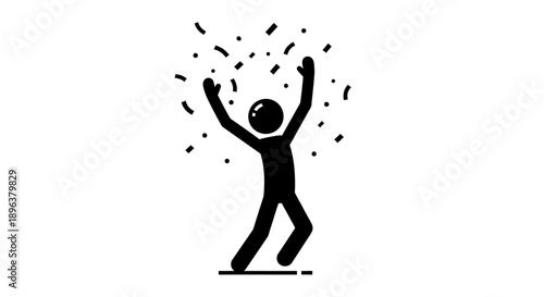 Happy Stick Figure Man Jumping and Celebrating with Confetti Falling on Isolated White Background