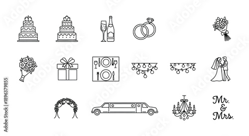 Wedding icons and symbols in black and white including cakes gifts rings and more on a clean background