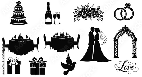 Wedding icons and symbols on white background black silhouettes of love marriage and celebration elements