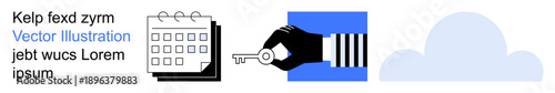 Data security, scheduling, cloud storage, digital access, information management, remote work. Calendar, hand with key cloud symbol in vector format. Data security and scheduling concept