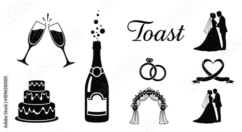 Wedding icons with champagne cake and bride and groom symbolizing love marriage celebration and joy with engagement rings and a floral arch