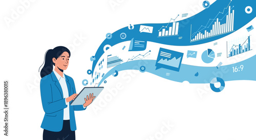 Business Woman Holding Tablet with Data Analytics Stream | Digital Information Flow, Financial Growth Charts, and Big Data Visualization Vector