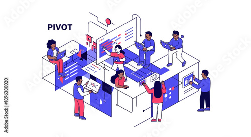 Business Pivot Strategy and Team Collaboration. Isometric illustration of agile change management and startup redirection concept.