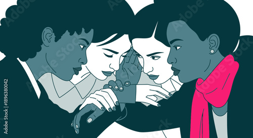 Team Strategy and Collaboration: Diverse Business Women Huddle Closely, Focusing on Shared Goal. Modern Graphic Illustration.