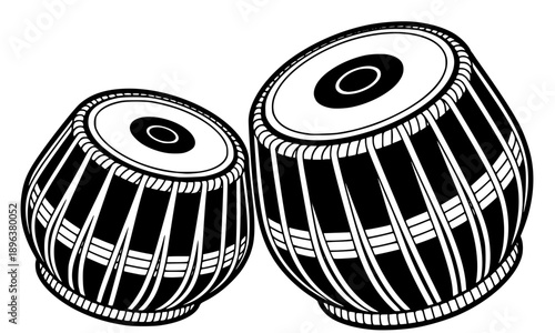 Black and white line art illustration of traditional Indian Tabla drums, perfect for classical music festival posters, percussion instrument educational materials, and cultural icons.