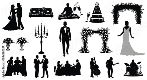 Wedding celebration silhouettes with couples cake arch band and decorations on white background for party planning