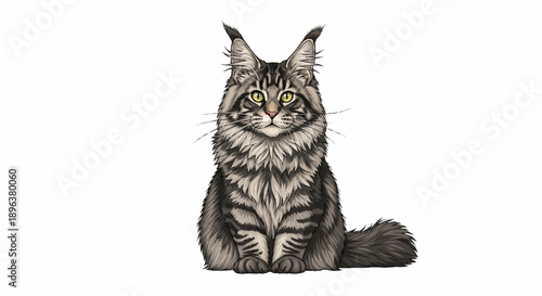 Majestic Maine Coon Cat Sitting Proudly Isolated on White Background.