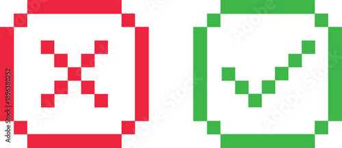 Pixel Art Check Mark and Cross Icon Set - Red X and Green Tick Symbols for UI Gaming and Web Design