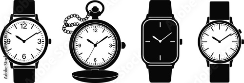 Watch Clock Timepiece Silhouette Wristwatch Pocketwatch Smartwatch Chronometer Time Vector Illustration Black