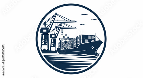 Cargo Ship and Cranes in Port Circle Logo.