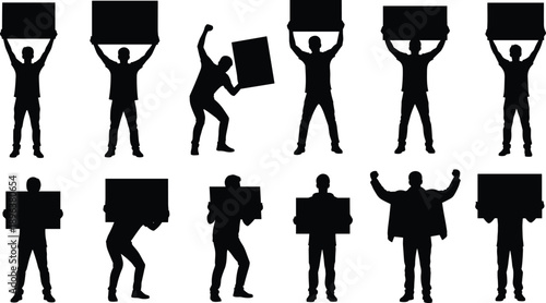 Vector, black, silhouettes, of, activists, holding, blank, protest, signs, and, placards, in, various, poses, for, social, movements, demonstrations, and, public, rallies