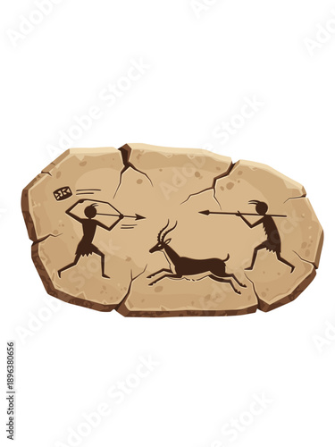Ancient Cave Painting on Stone Rock - Prehistoric Hunters with Spears Chasing Animal