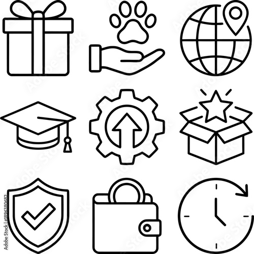 Versatile icon set for business, finance, and education, featuring gift box, paw print, globe, graduation cap, gears, open box, shield, wallet, and clock in a clean, minimalist style.