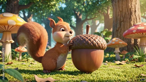 Cartoon squirrel with acorn in forest sunlight nature and wildlife concept
