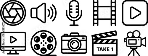 Set of 9 media and entertainment icons, including camera, film reel, microphone, and video play button, on white background. Clean vector illustration.
