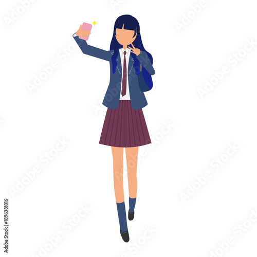 女子学生がスマホを片手に自撮りしているイラスト