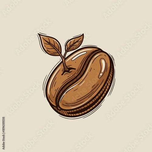 A hand-drawn illustration of a coffee bean with a small sprout growing from its center.