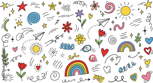 Whimsical hand drawn doodle elements on black background with rainbows hearts stars flowers paper planes creating playful cheerful creative mood