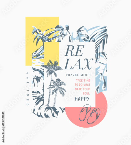 relax slogan colorful exotic leaves frame vector illustration drawn by hand