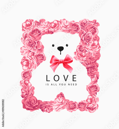 love slogan with pink roses in bear doll shape vector illustration drawn by hand