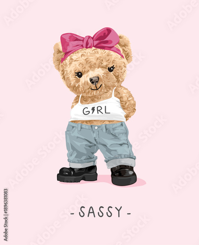 girly bear doll in tomboy style fashion vector illustration drawn by hand
