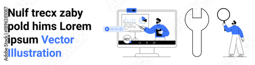 Computer monitor displaying data analysis tools, charts, and sections. Worker with magnifying glass and tool emphasizing action. Ideal for technology, business solutions, consulting, support