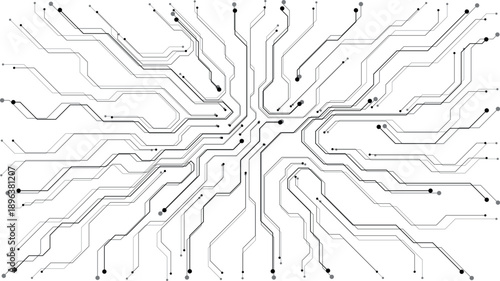 Digital circuit board background showcasing white electronic patterns. Vector tech design with semiconductor lines, motherboard elements, and modern circuitry composition. Digital vector illustration