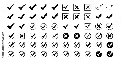 Check tick mark icon set, hand drawn doodle black cross box 

