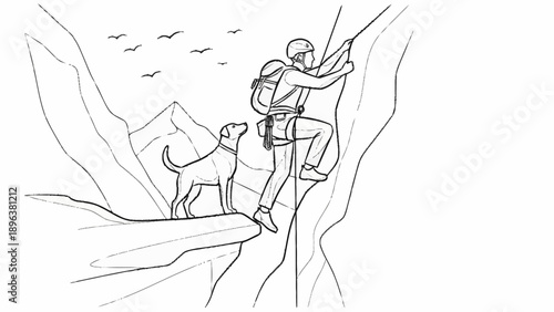 Man climbing mountain with dog watching him.