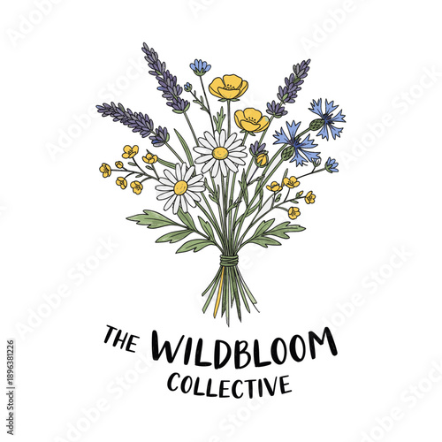 A hand-drawn illustration of a vibrant wildflower bouquet featuring lavender, daisies, buttercups, and cornflowers, tied with string, with text 'THE WILD BLOOM COLLECTIVE' below.