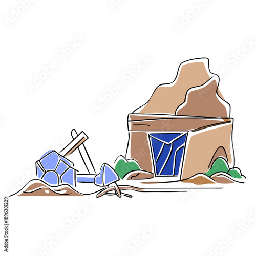 Abandoned mining site with tools and rocky background in outline style  