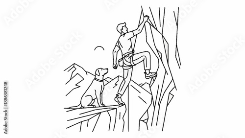 Man climbing mountain with dog watching.