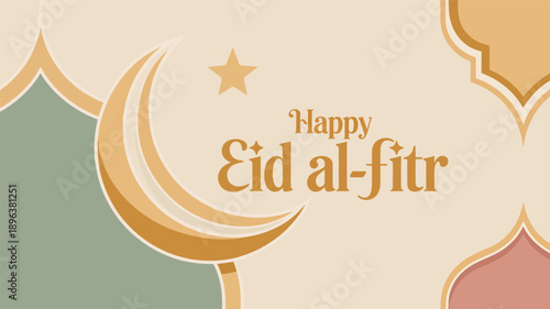 Happy Eid al- Fitr, greeting with crescent moon and star, Eid al-Fitr Islamic background