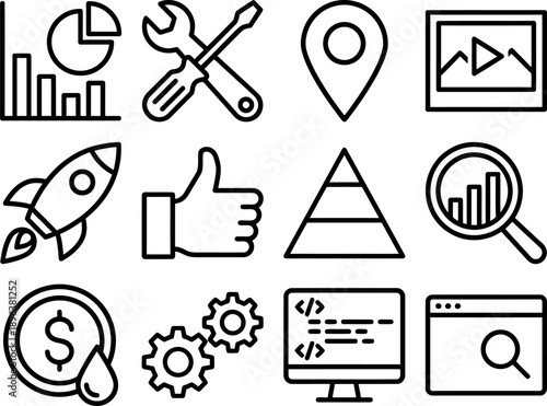 Business and finance icon set featuring rocket, graph, gears, and search magnifying glass. Vector illustration for growth and success concepts.