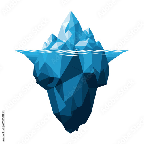 Low poly style blue iceberg floating in water, showing both visible and submerged parts, isolated on white background.