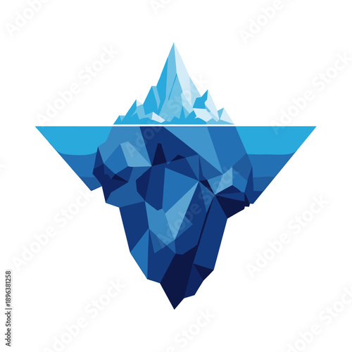 Stylized geometric illustration of an iceberg with a visible tip above the water and a large, hidden mass below the surface, depicted in various shades of blue.