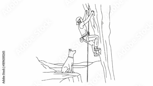 Man climbing rock with dog watching below.